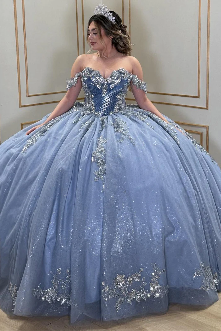 Off Shoulder Glittery Tulle Lace Beaded Quinceanera Dresses for Sweet 16