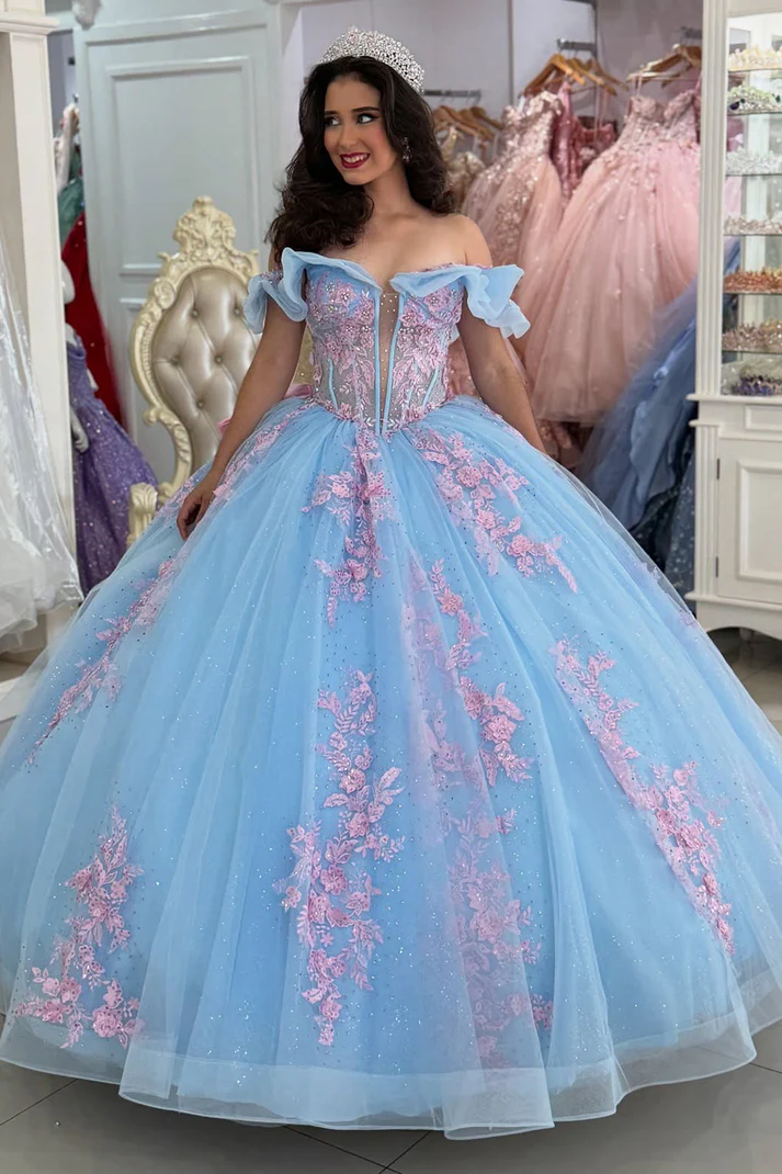 Off Shoulder Gorgeous Tulle Appliqued Sweet 16 Quinceanera Dresses for Birthday