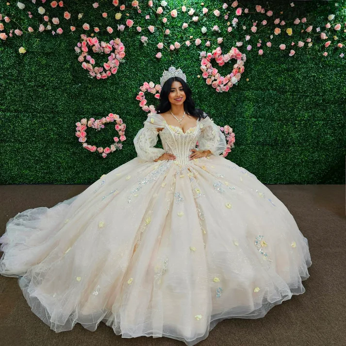 Off Shoulder Long Sleeves Beaded 3D Flower Appliques Bow Knot White Sweet 15 Quinceañera Dress