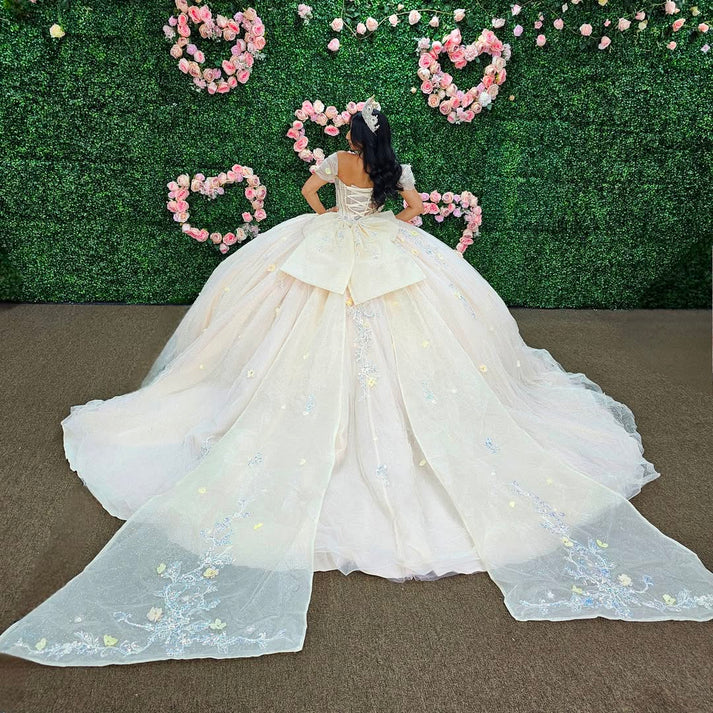 Off Shoulder Long Sleeves Beaded 3D Flower Appliques Bow Knot White Sweet 15 Quinceañera Dress