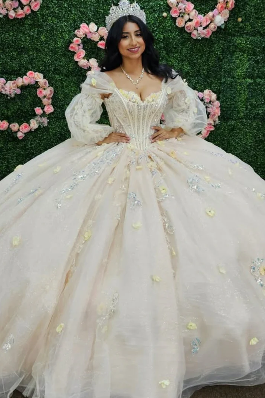 Off Shoulder Long Sleeves Beaded 3D Flower Appliques Bow Knot White Sweet 15 Quinceañera Dress