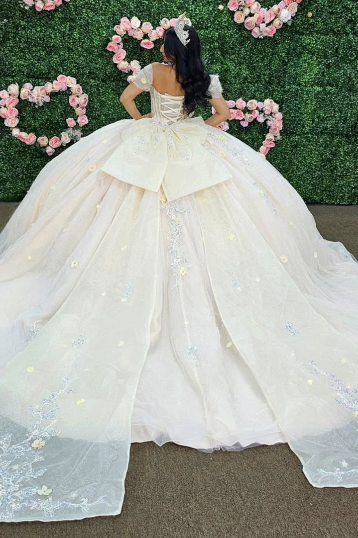 Off Shoulder Long Sleeves Beaded 3D Flower Appliques Bow Knot White Sweet 15 Quinceañera Dress