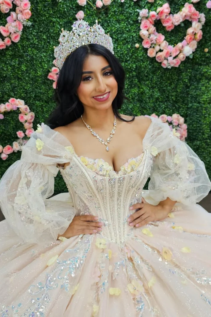 Off Shoulder Long Sleeves Beaded 3D Flower Appliques Bow Knot White Sweet 15 Quinceañera Dress