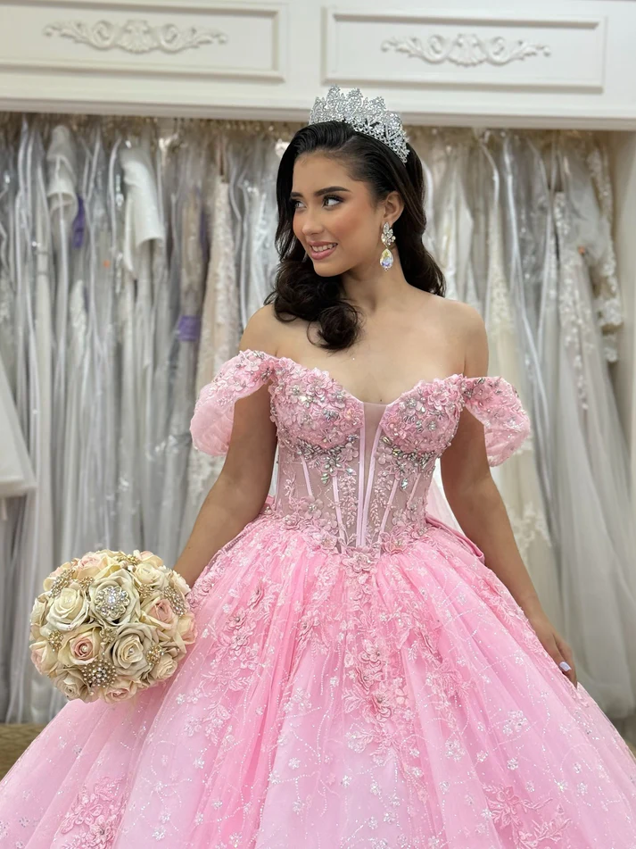 Off Shoulder Pink Lace Beaded Corset Sweet 16 Quinceanera Dresses