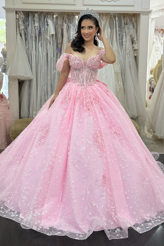 Off Shoulder Pink Lace Beaded Corset Sweet 16 Quinceanera Dresses
