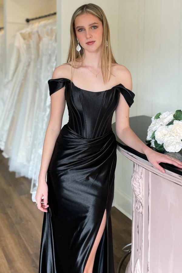 Off Shoulder Pleated High Side Slit Black Prom Dress