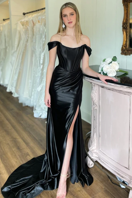 Off Shoulder Pleated High Side Slit Black Prom Dress