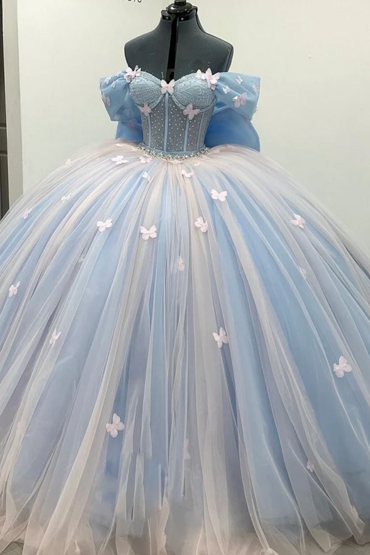 Off Shoulder Sleeveless Beaded 3D Butterflies Bow Knot Blue Quinceañera Dresses