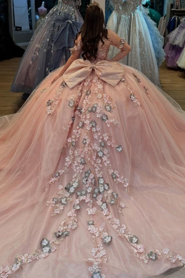 Off Shoulder Sleeveless Beaded 3D Flowers Appliques Bow Knot Pink Quinceañera Dresses