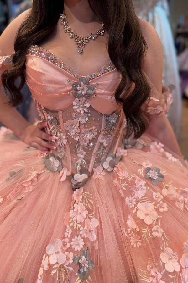 Off Shoulder Sleeveless Beaded 3D Flowers Appliques Bow Knot Pink Quinceañera Dresses