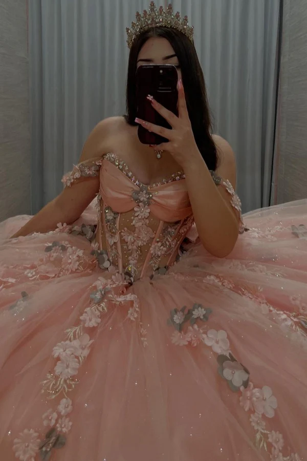 Off Shoulder Sleeveless Beaded 3D Flowers Appliques Bow Knot Pink Quinceañera Dresses