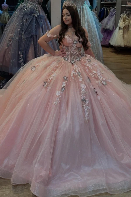 Off Shoulder Sleeveless Beaded 3D Flowers Appliques Bow Knot Pink Quinceañera Dresses
