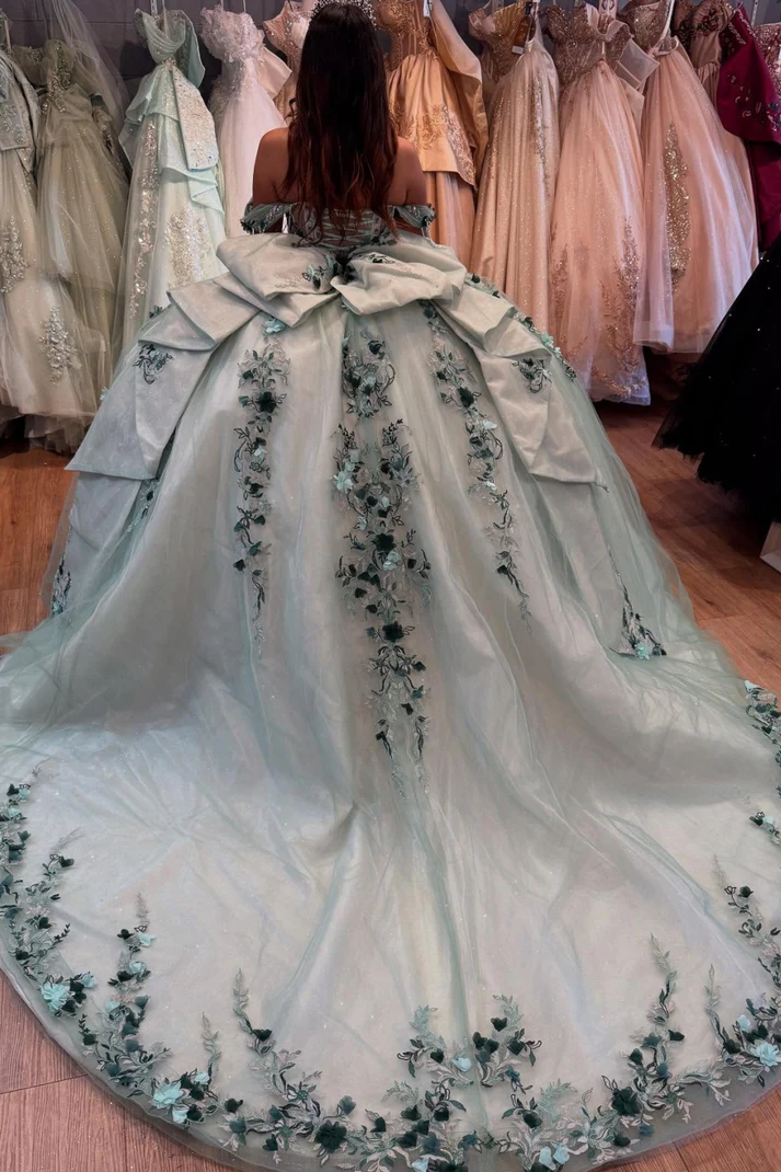 Off Shoulder Sleeveless Beaded 3D Flowers Appliques Green Quinceañera Dress
