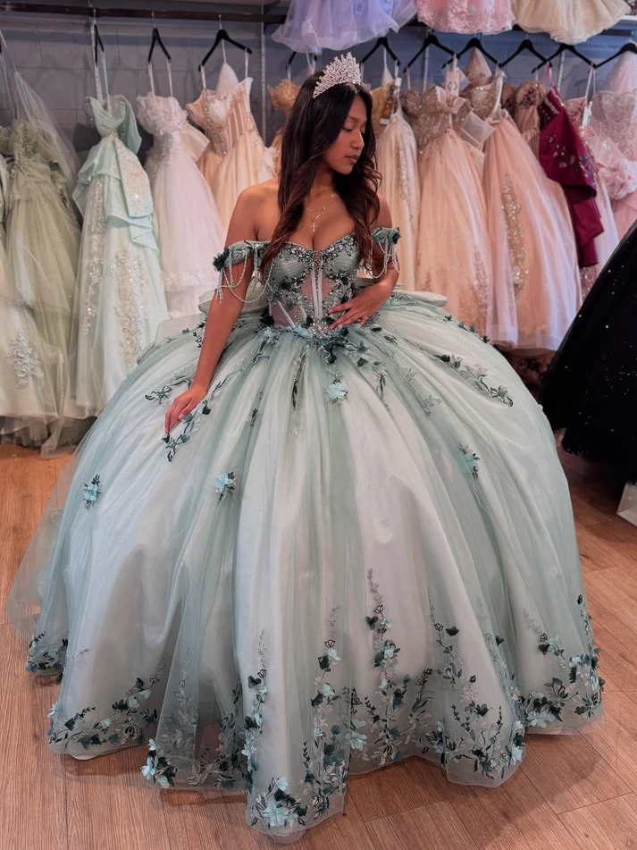 Off Shoulder Sleeveless Beaded 3D Flowers Appliques Green Quinceañera Dress