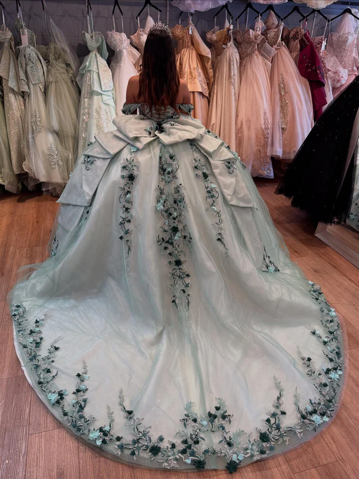 Off Shoulder Sleeveless Beaded 3D Flowers Appliques Green Quinceañera Dress