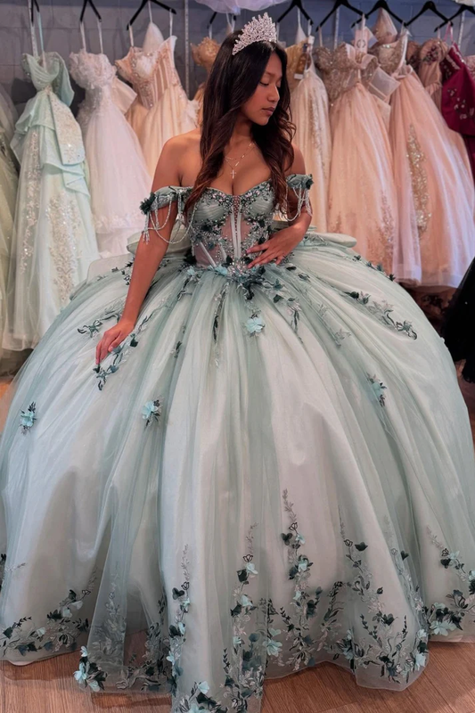 Off Shoulder Sleeveless Beaded 3D Flowers Appliques Green Quinceañera Dress
