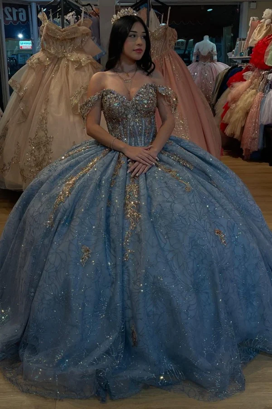 Off Shoulder Sleeveless Beaded Aooliques Bow Knot Blue Quinceañera Dresses for Sweet 16