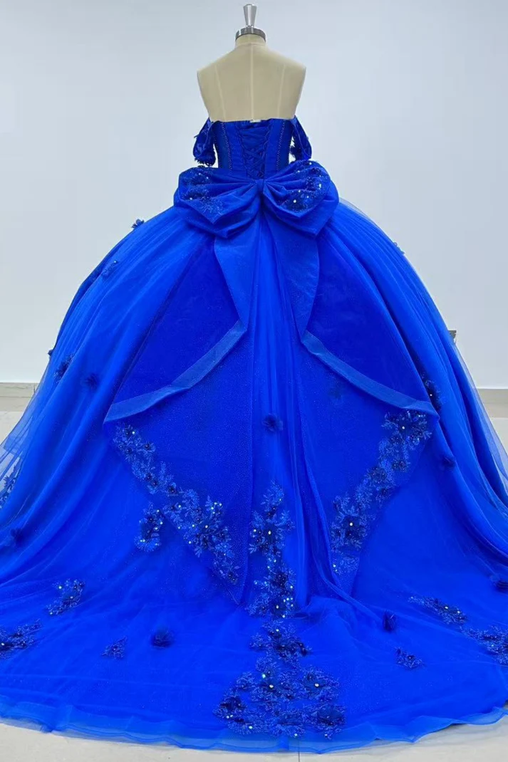 Off Shoulder Sleeveless Beaded Appliques Bow Knot Royal Blue Quinceañera Dress