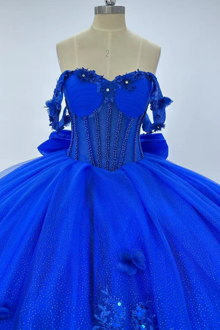 Off Shoulder Sleeveless Beaded Appliques Bow Knot Royal Blue Quinceañera Dress