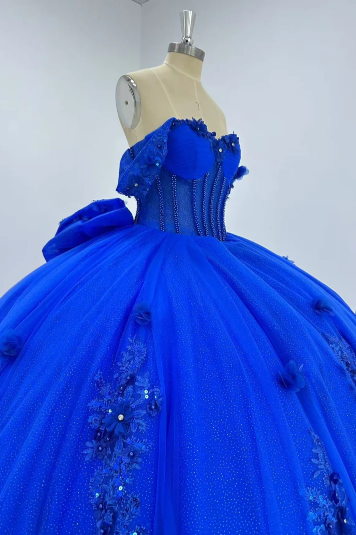 Off Shoulder Sleeveless Beaded Appliques Bow Knot Royal Blue Quinceañera Dress