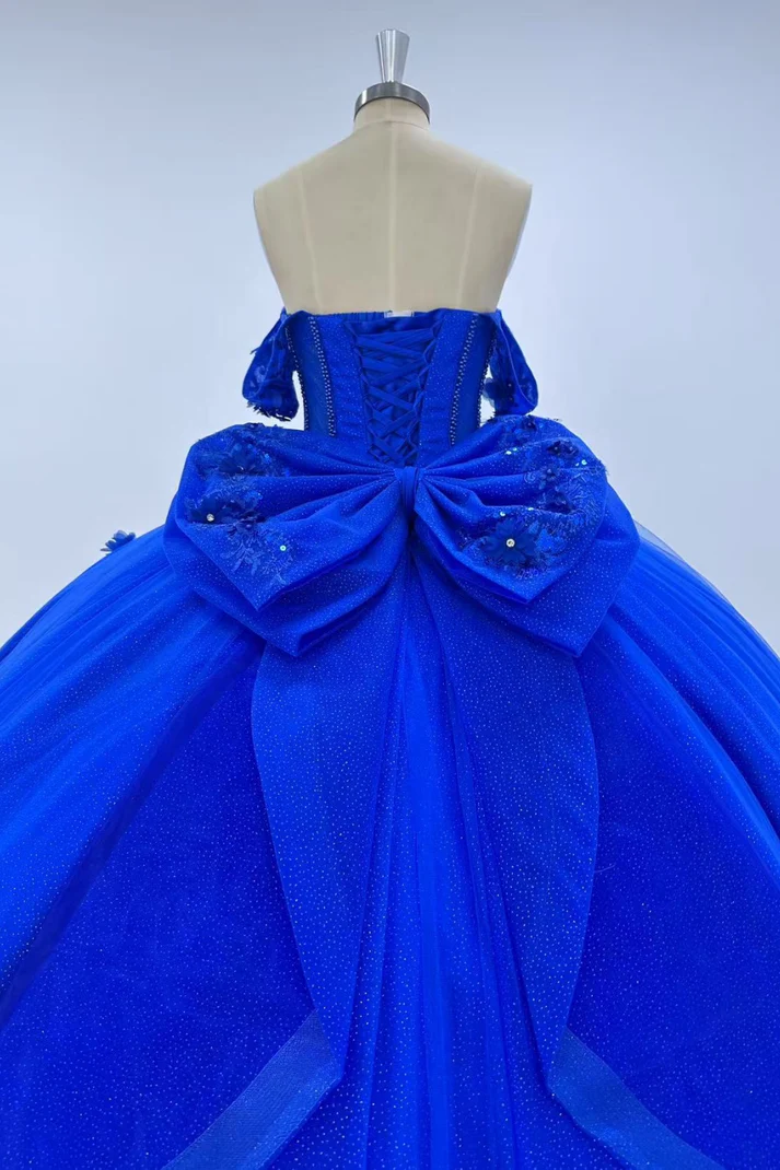 Off Shoulder Sleeveless Beaded Appliques Bow Knot Royal Blue Quinceañera Dress