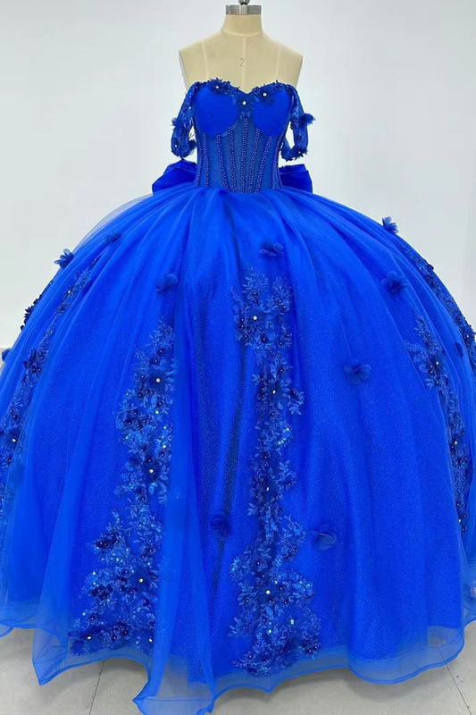 Off Shoulder Sleeveless Beaded Appliques Bow Knot Royal Blue Quinceañera Dress