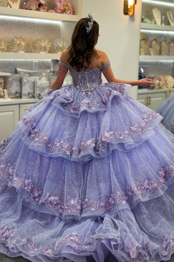 Off Shoulder Sleeveless Beaded Appliques Lilac Quinceañera Dresses