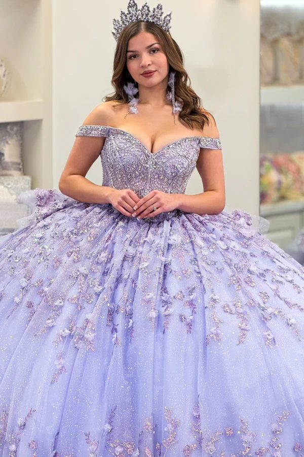 Off Shoulder Sleeveless Beaded Appliques Lilac Quinceañera Dresses