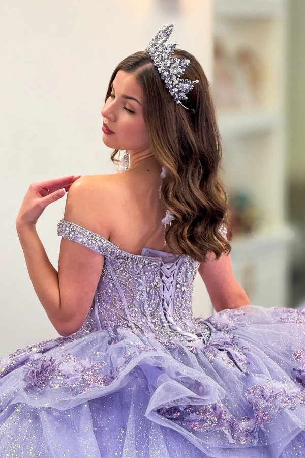 Off Shoulder Sleeveless Beaded Appliques Lilac Quinceañera Dresses