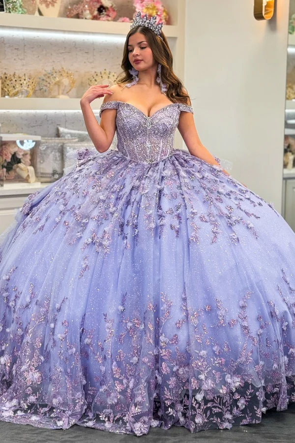 Off Shoulder Sleeveless Beaded Appliques Lilac Quinceañera Dresses