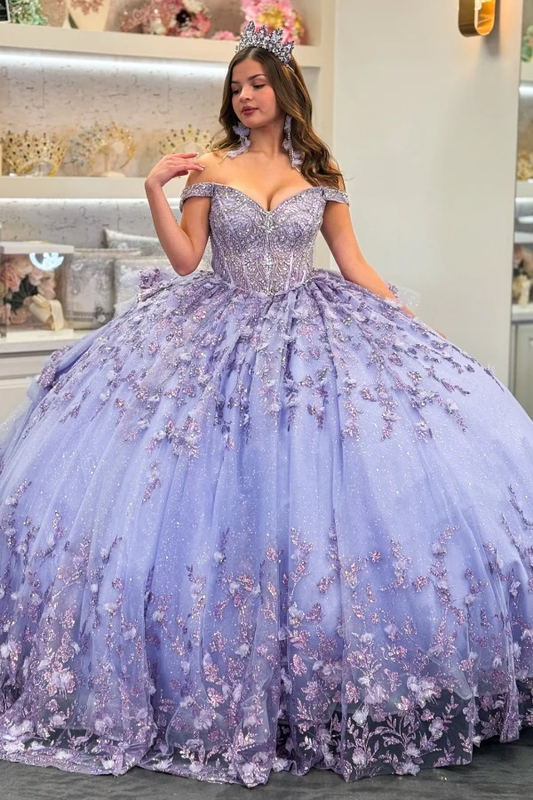 Off Shoulder Sleeveless Beaded Appliques Lilac Quinceañera Dresses