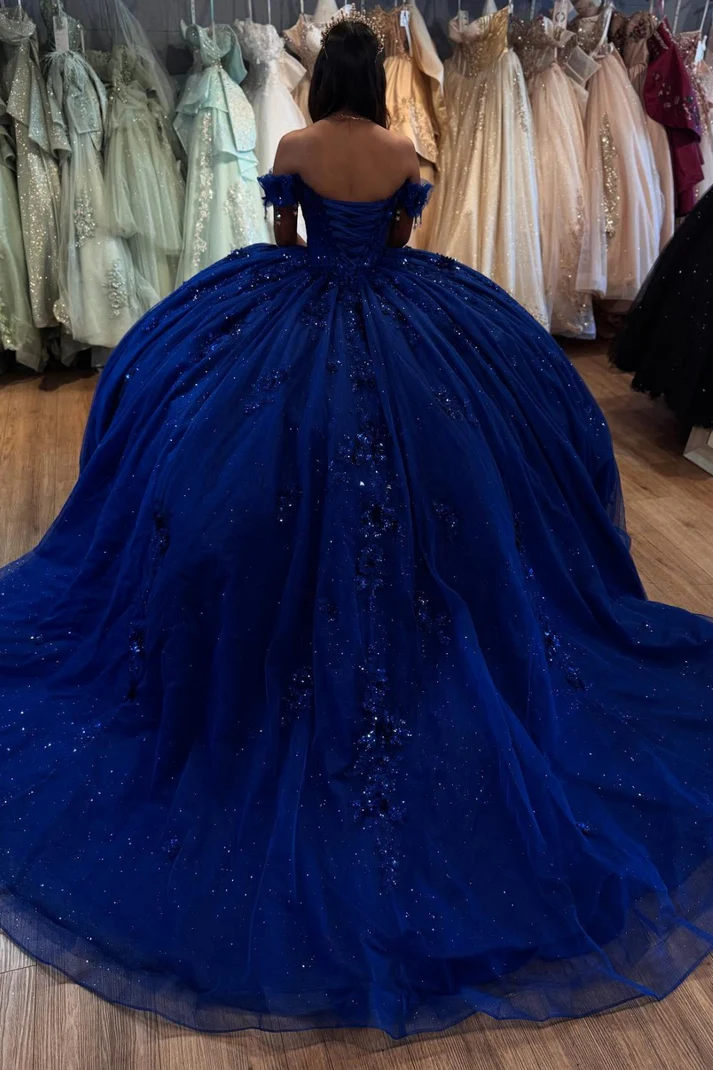 Off Shoulder Sleeveless Beaded Appliques Royal Blue Quinceañera Dress