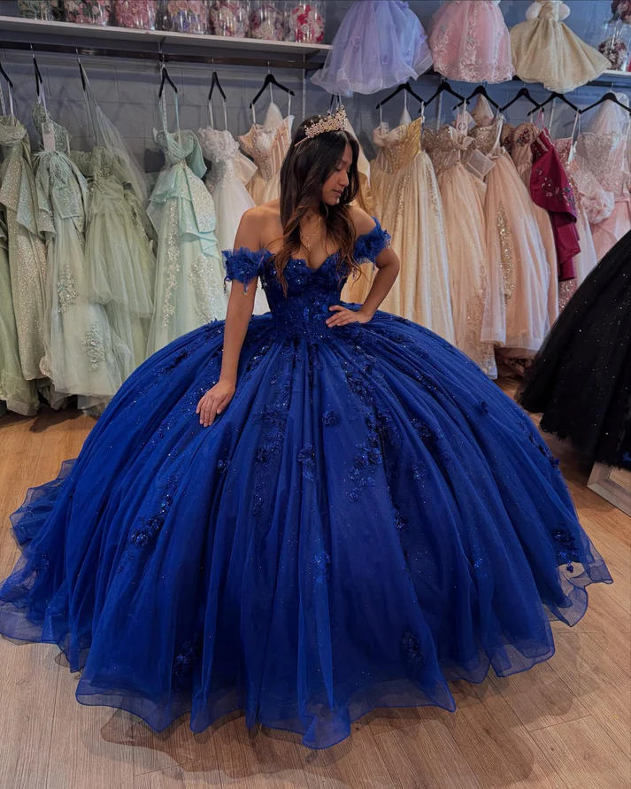 Off Shoulder Sleeveless Beaded Appliques Royal Blue Quinceañera Dress