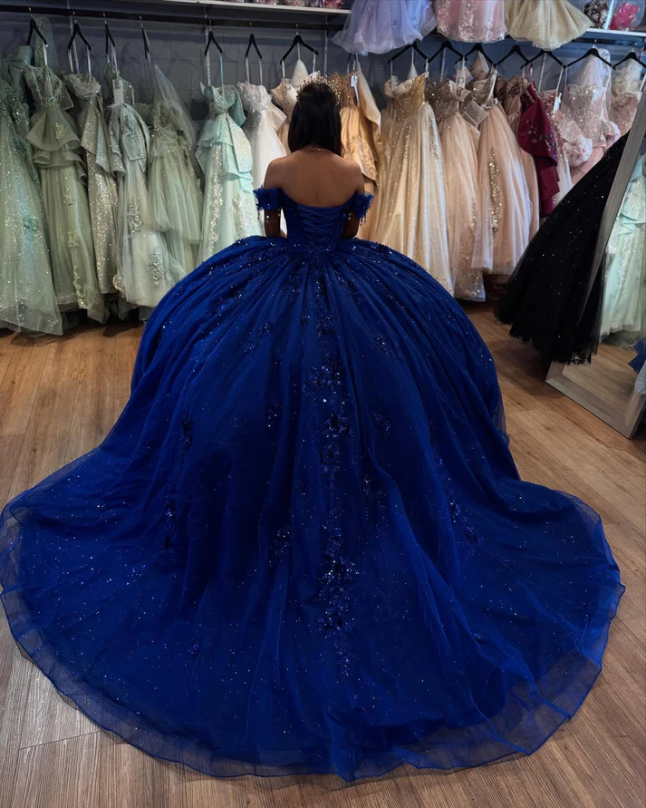 Off Shoulder Sleeveless Beaded Appliques Royal Blue Quinceañera Dress