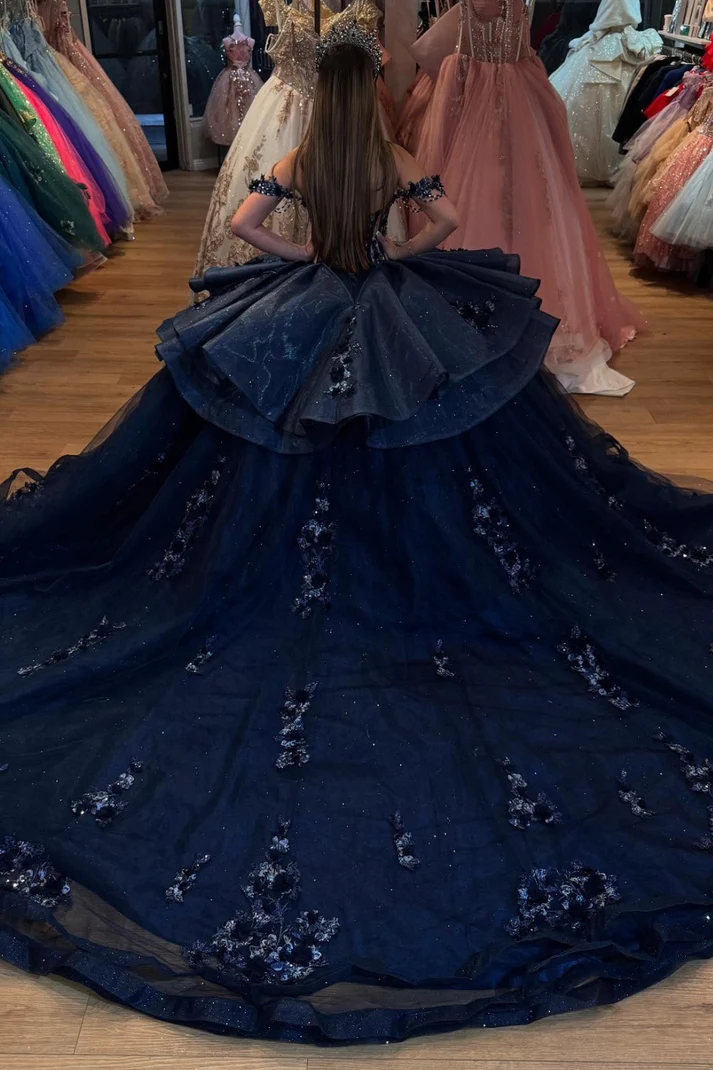 Off Shoulder Sleeveless Beaded Appliques Ruffles Dark Navy Sweet 15 Quinceañera Dress