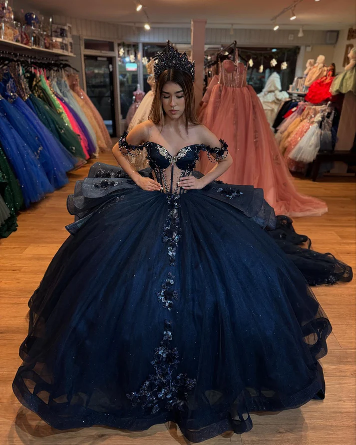 Off Shoulder Sleeveless Beaded Appliques Ruffles Dark Navy Sweet 15 Quinceañera Dress