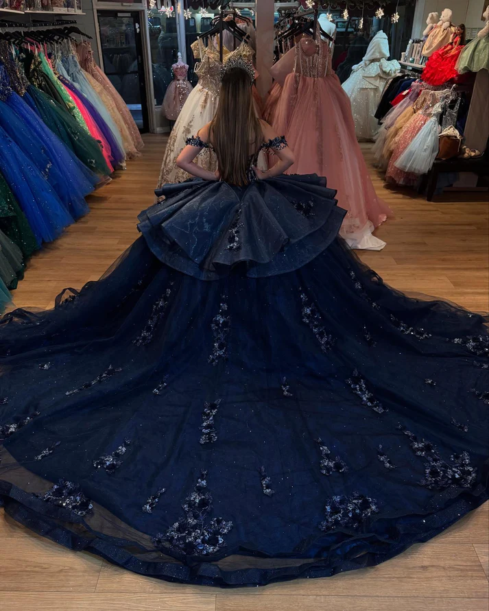 Off Shoulder Sleeveless Beaded Appliques Ruffles Dark Navy Sweet 15 Quinceañera Dress