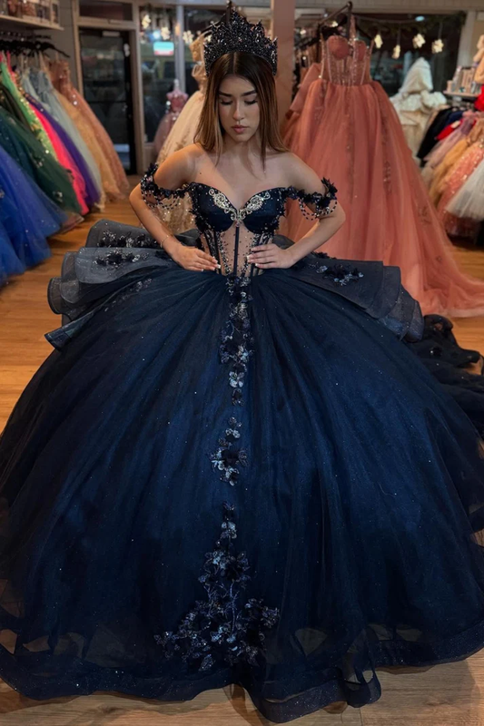 Off Shoulder Sleeveless Beaded Appliques Ruffles Dark Navy Sweet 15 Quinceañera Dress