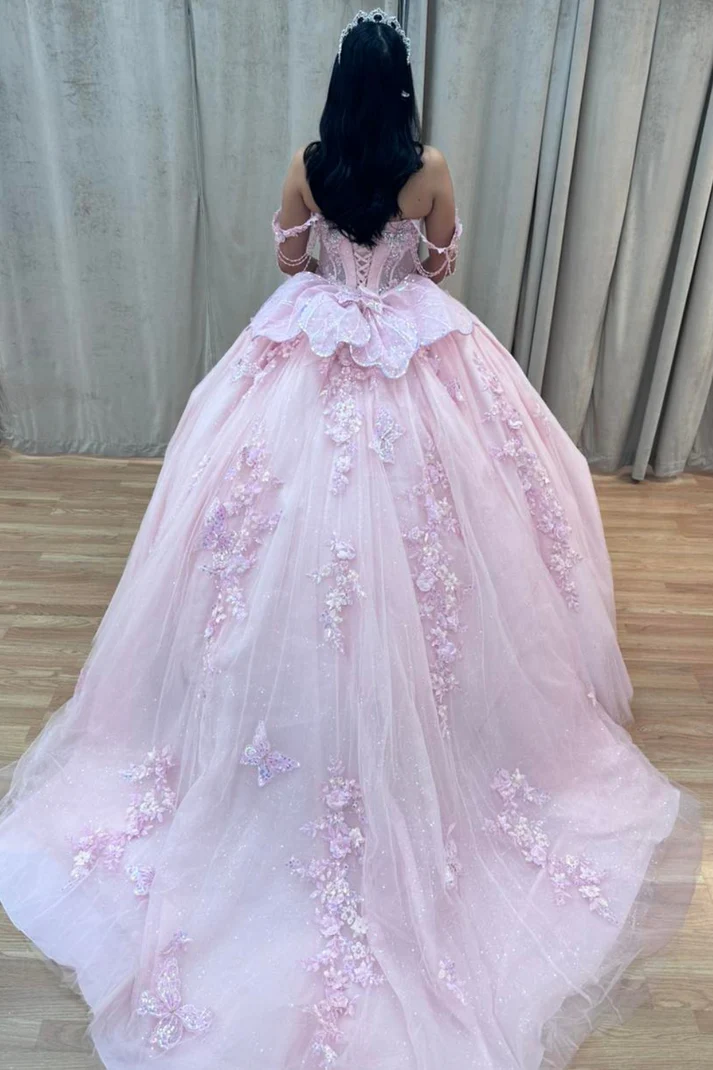 Off Shoulder Sleeveless Beaded Butterfly Appliques Bow Knot Pink Sweet 15 Quinceañera Dress