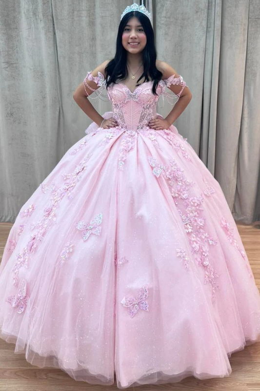 Off Shoulder Sleeveless Beaded Butterfly Appliques Bow Knot Pink Sweet 15 Quinceañera Dress