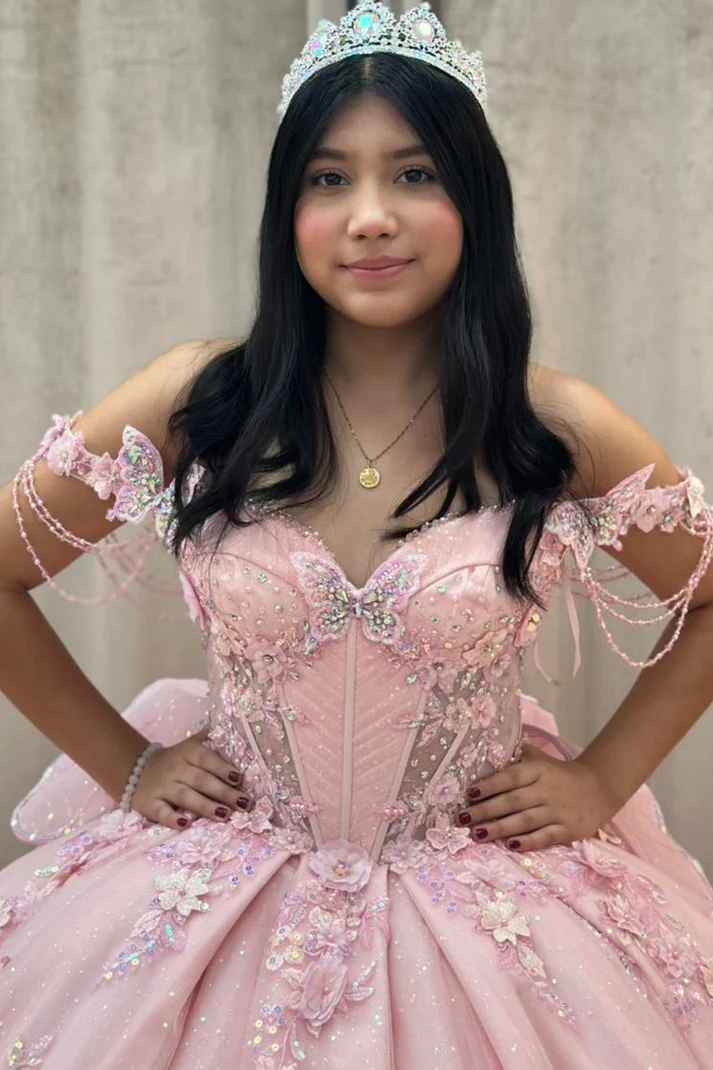 Off Shoulder Sleeveless Beaded Butterfly Appliques Bow Knot Pink Sweet 15 Quinceañera Dress