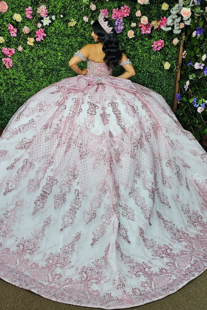 Off Shoulder Sleeveless Beaded Crystal Sequins Appliques Pink Sweet 15 Quinceañera Dress