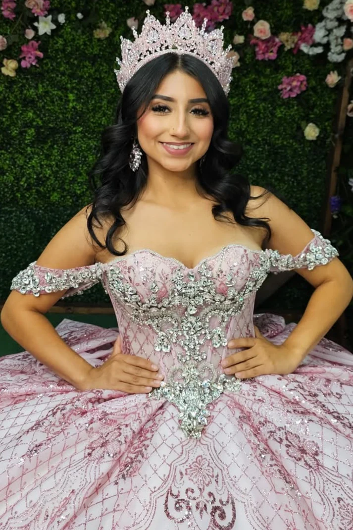 Off Shoulder Sleeveless Beaded Crystal Sequins Appliques Pink Sweet 15 Quinceañera Dress