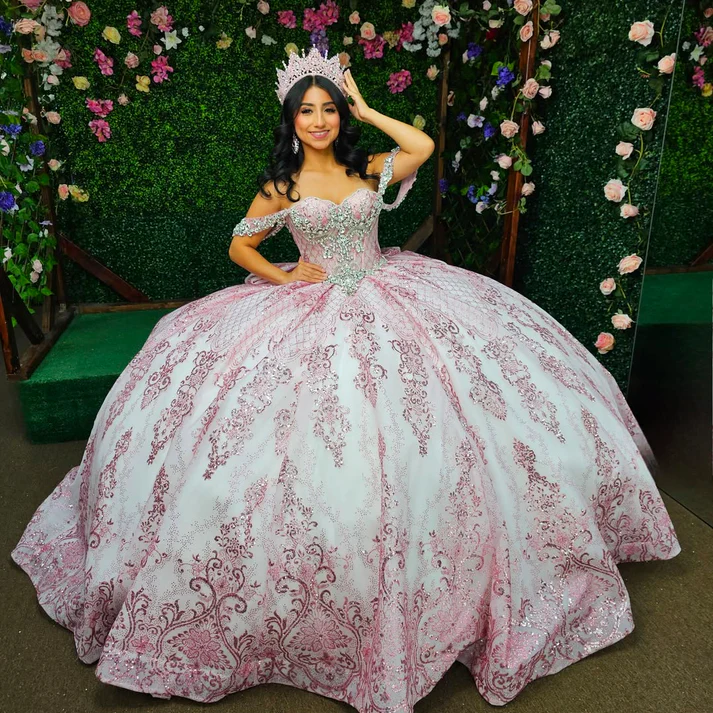 Off Shoulder Sleeveless Beaded Crystal Sequins Appliques Pink Sweet 15 Quinceañera Dress