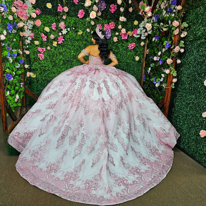 Off Shoulder Sleeveless Beaded Crystal Sequins Appliques Pink Sweet 15 Quinceañera Dress