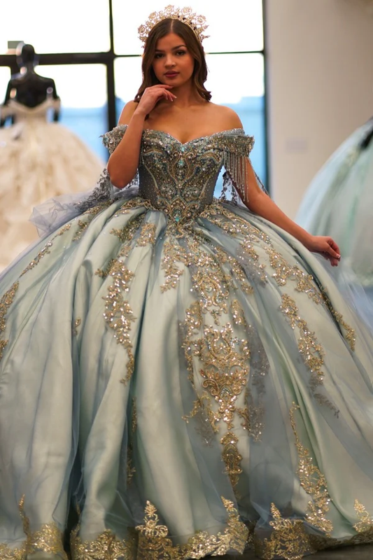 Off Shoulder Sleeveless Beaded Gold Appliques Blue Quinceañera Dresses