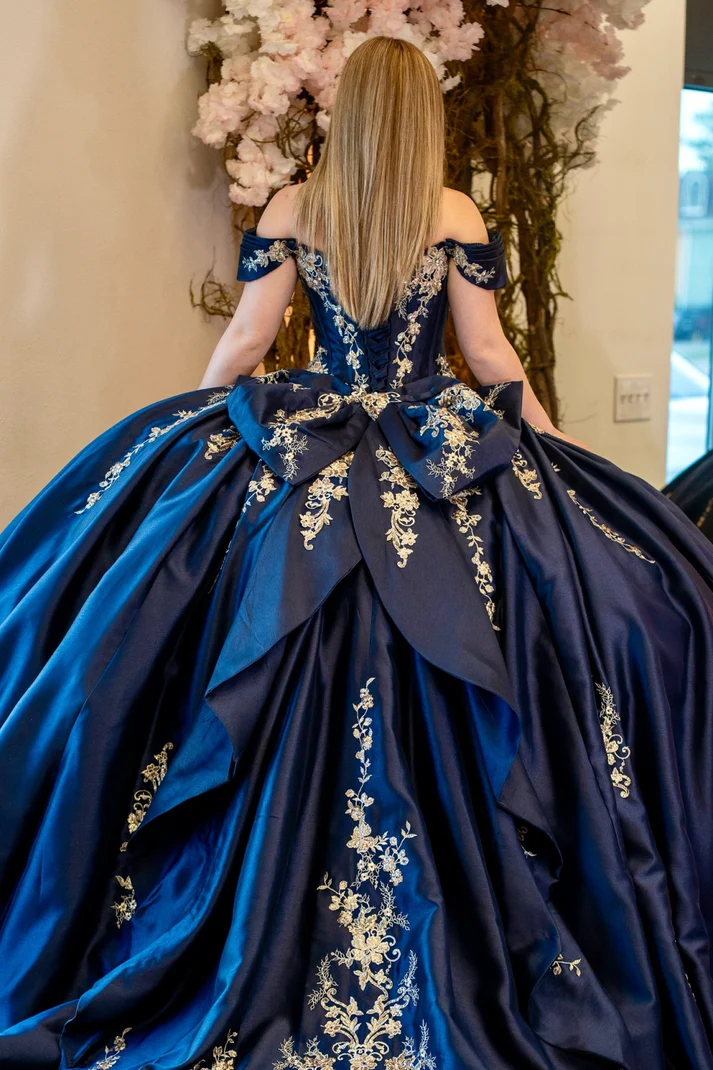 Off Shoulder Sleeveless Beaded Gold Appliques Bow Knot Navy Quinceañera Dress