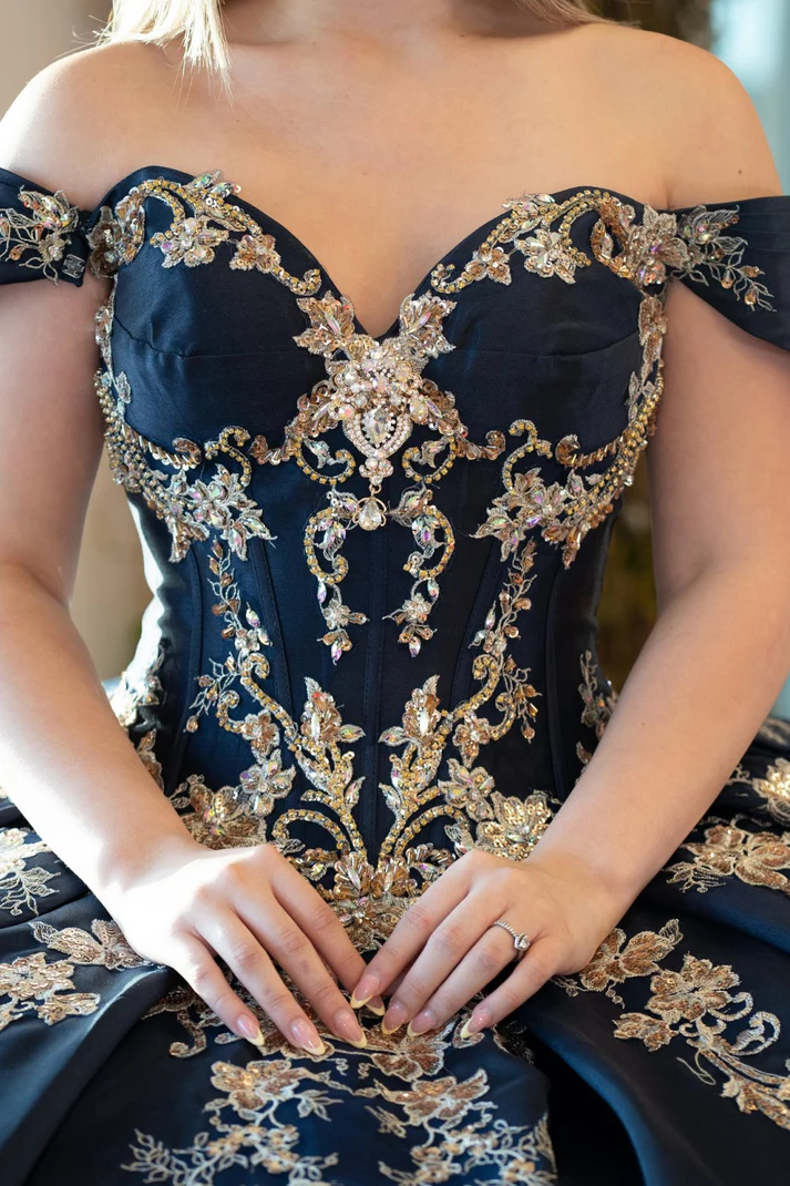 Off Shoulder Sleeveless Beaded Gold Appliques Bow Knot Navy Quinceañera Dress