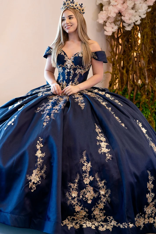 Off Shoulder Sleeveless Beaded Gold Appliques Bow Knot Navy Quinceañera Dress