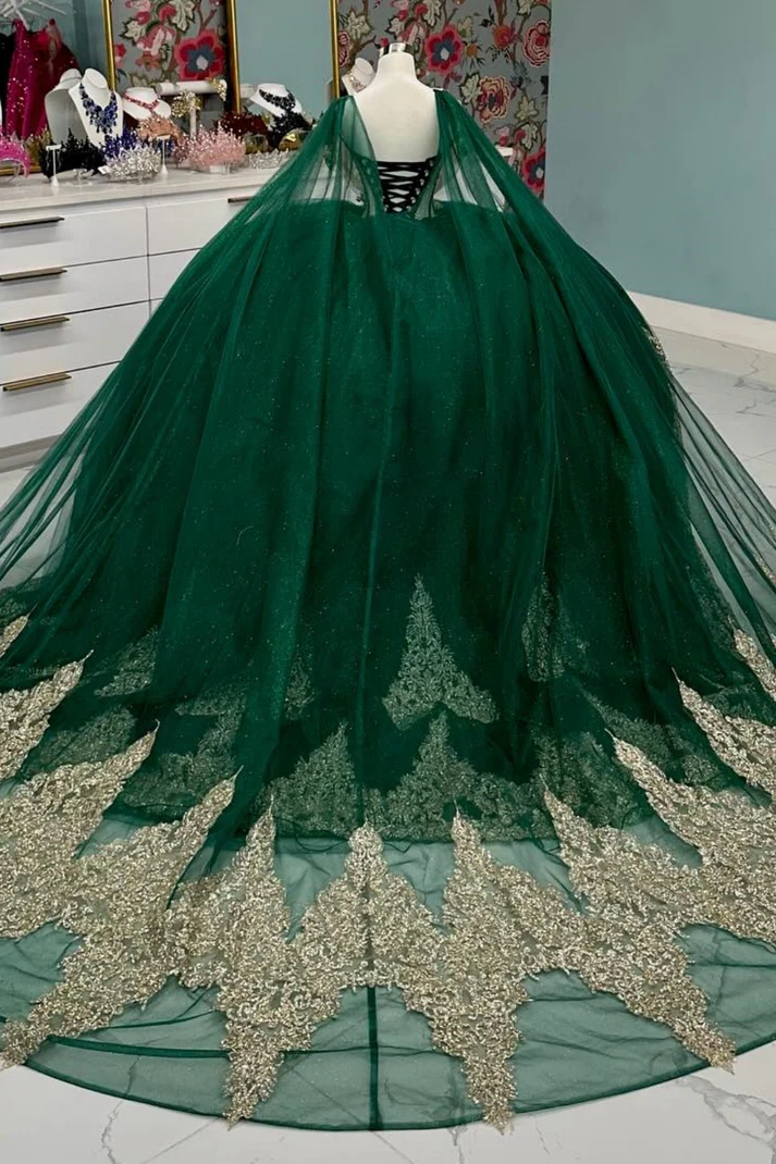 Off Shoulder Sleeveless Beaded Gold Appliques Dark Green Sweet 15 Quinceañera Dress